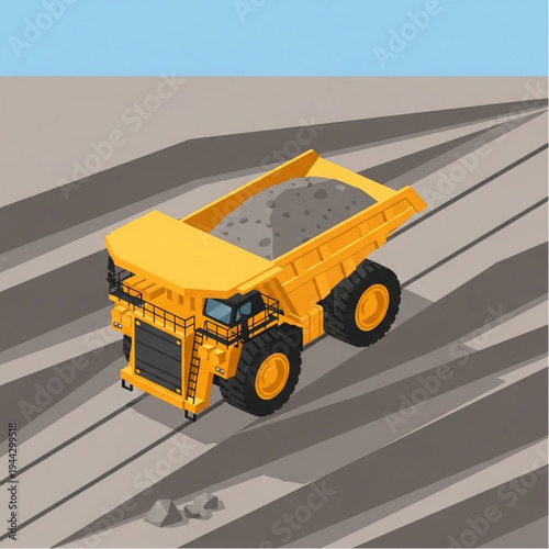 Isometric illustration of a large yellow dump truck hauling gravel in a quarry or mine.