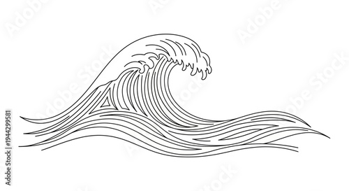 A stylized, minimalist black and white line drawing of a large ocean wave cresting and breaking.