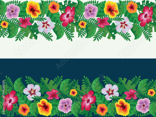 Seamless pattern of vibrant tropical hibiscus flowers and tropical leaves. Suitable for borders and frames. Vector illustration.