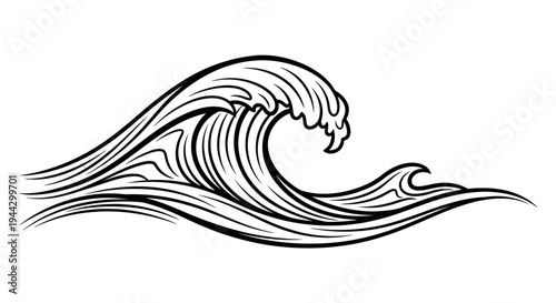 A stylized black and white illustration of a large, powerful ocean wave cresting and breaking, with smaller waves in the background.
