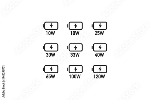 Battery charge level icons set with watt power labels