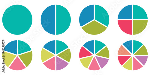 Pie chart set. Circle pie chart diagram. Circle icons for infographic or steps.. Colorful diagram collection with 1,2,3,4,5,6 sections or steps. Flat process cycle.