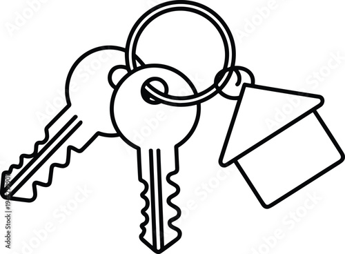 Black and white line illustration of two keys on a keyring with house‑shaped keychain, symbolizing home ownership, security, real estate, and access concepts