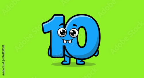Cute Blue Number 10 Character With Funny Face