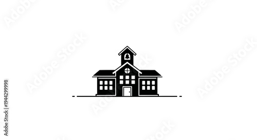 Minimalist Black and White School Building Icon with Bell Tower and Windows