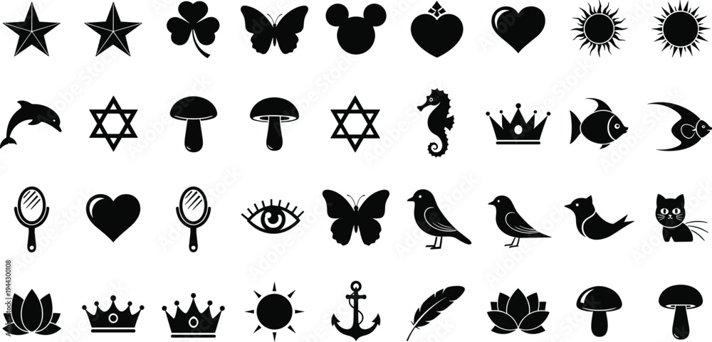 Obraz premium Decorative icon set with silhouettes of stars, hearts, butterflies, birds, crowns, suns, and nature symbols for stickers, scrapbooking, logos, and creative graphic design projects.