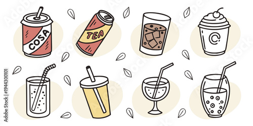 Assorted drinks including soda cans, juice bottles, and a milk carton