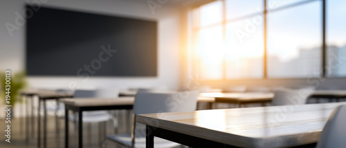 Empty classroom with desks at sunrise light. Concept of education. Concept of learning. Concept of new school day.