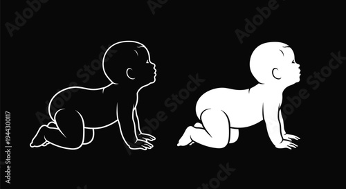 Crawling baby silhouette vector set with infant outlines on black background for motherhood, parenting, nursery decor, child development, and newborn baby care products.