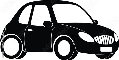 Black and white silhouette illustration of compact car with rounded design, two doors, wheel arches, and grille, ideal for automotive, transport, and design concepts
