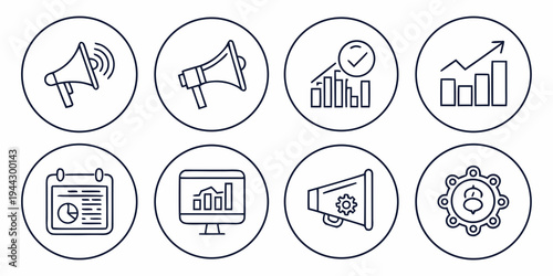 Set of icons representing various aspects of business and marketing strategies