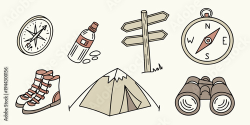 A collection of hiking and camping equipment including a compass, binoculars, tent, and more