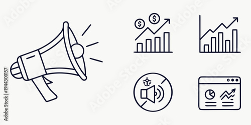 A megaphone with four icons representing marketing concepts around it.