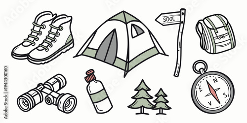 Camping gear illustration featuring a tent, shoes, and various outdoor equipment