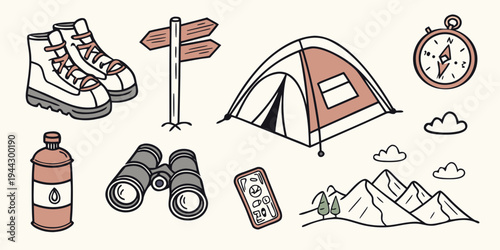 Assorted camping gear including a tent, backpack, boots, and cooking utensils