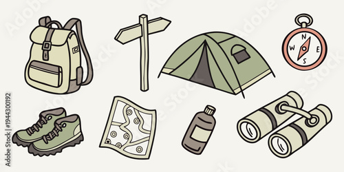 Assorted camping equipment including a tent, backpack, and cooking utensils