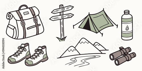 A collection of camping and hiking gear including a tent, backpack, and water bottle.