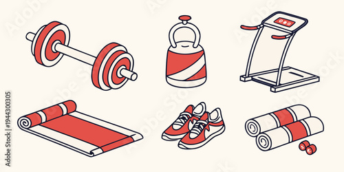 Assorted fitness equipment including dumbbells, a yoga mat, and a water bottle