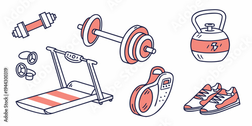 A variety of gym equipment including dumbbells, a yoga mat, and running shoes