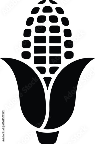 Black and white silhouette illustration of ear of corn with husks and kernels, symbolizing agriculture, food, farming, harvest, and design concepts