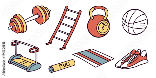A collection of various sports equipment including a basketball, dumbbells, and a ladder.