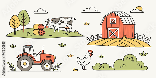 A vibrant farm scene with a red tractor, cows, and a barn in a lush green landscape