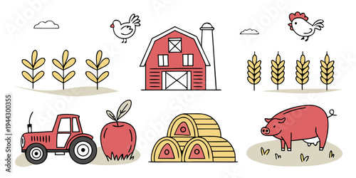 A vibrant farm scene with a red barn, tractor, and various farm animals and crops