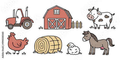 A charming illustration of farm animals and equipment in a rural setting