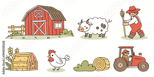 A charming illustration of a red barn with farm animals and a tractor
