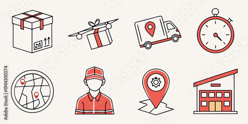 Set of icons representing various aspects of logistics and delivery services