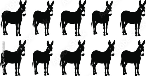 Donkey silhouette vector set with domestic farm animal outlines for livestock breeding, agricultural logos, rural life graphics, mule icons, and stable animal nature designs.