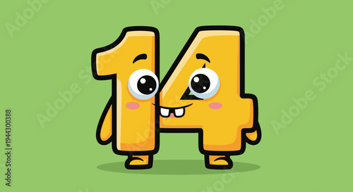 Cute Cartoon Number 14 Character on Green Background