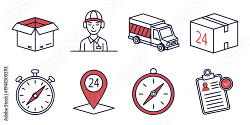 Set of icons representing delivery, time management, and healthcare services.