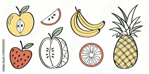 Assorted fruits including apples, bananas, and pears arranged in a row