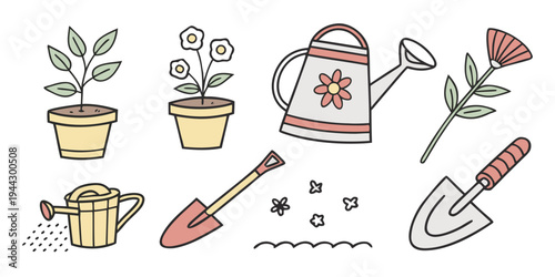 Assorted gardening tools and plants in a row on a white background