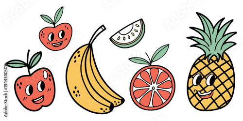 A vibrant illustration of various fruits including apples, bananas, and pineapples