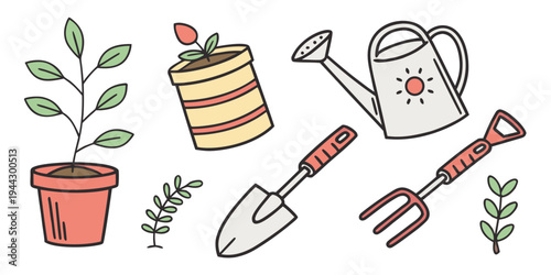 Assorted gardening tools and plants illustration with vibrant colors and a playful style