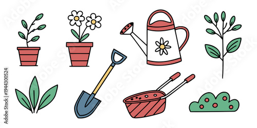 A vibrant illustration of gardening tools and plants set against a white background