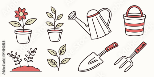 A collection of gardening tools and plants for a vibrant garden setup