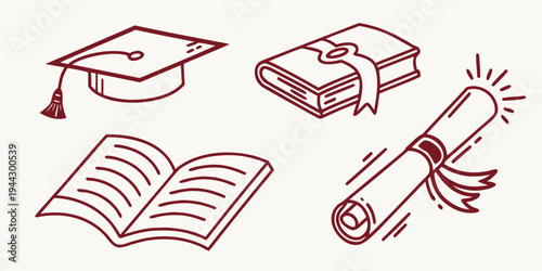 Graduation cap, diploma, book, and certificate with red accents on white background