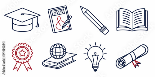 Assorted educational icons featuring diplomas, books, and awards