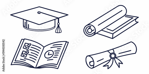 Graduation cap, diploma, scroll, and open book illustration