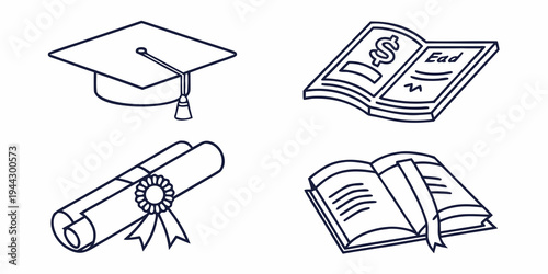 Four icons representing education and learning with a diploma, graduation cap, open book, and dollar sign