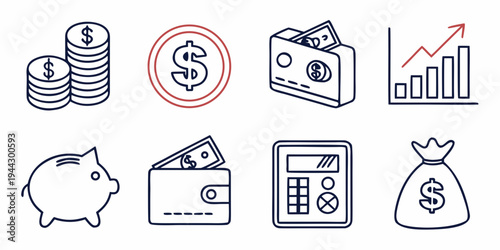 A collection of financial icons representing money, savings, and investments