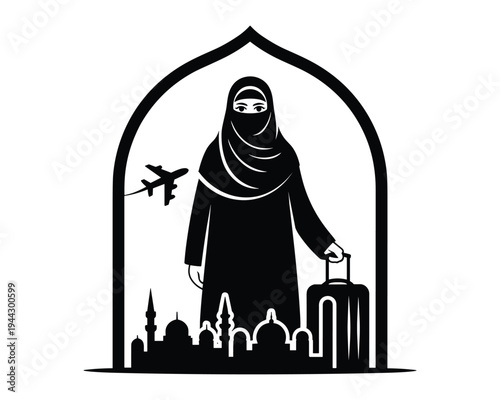 Muslim woman in hijab traveling with suitcase airplane and city skyline illustration