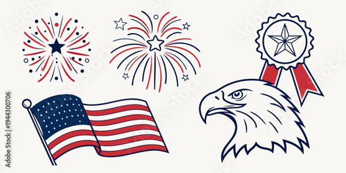 A collection of patriotic symbols including flags, fireworks, and an eagle
