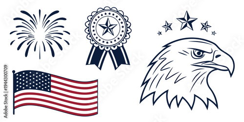 A powerful bald eagle head with an american flag and military medals in the background.