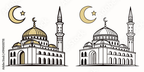 Two intricately designed mosques with minarets and crescent moons on their domes
