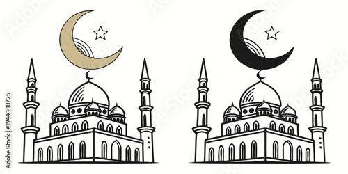 Two mosques with crescent moons and stars on their domes and minarets