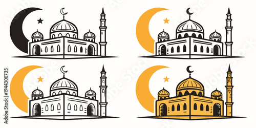 Four mosques with crescent moons and stars on a white background